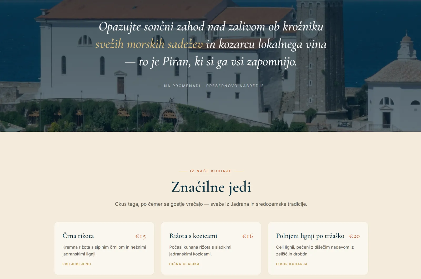 Concept of a restaurant homepage with a sea view and a menu section