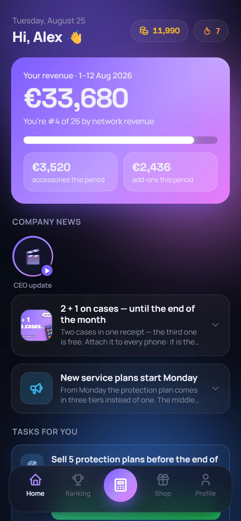 Upsell home screen with revenue and add-on sales